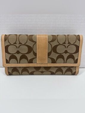Coach Leatherware Tri-Fold Checkbook Wallet Brown & Tan Signature C Pattern Y2K
